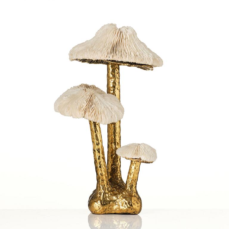 Jacques Duval-Brasseur, skulptur, tre svampar i gjuten brons och korall, Frankrike, 1970-tal.