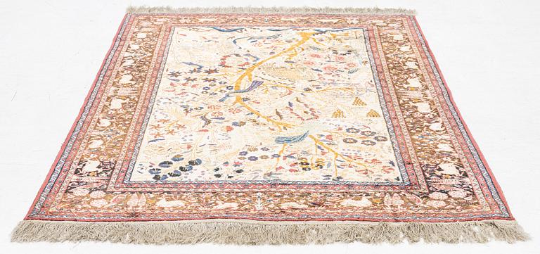 A semi-antique pictorial silk rug, northern India, c 199 x 132 cm.