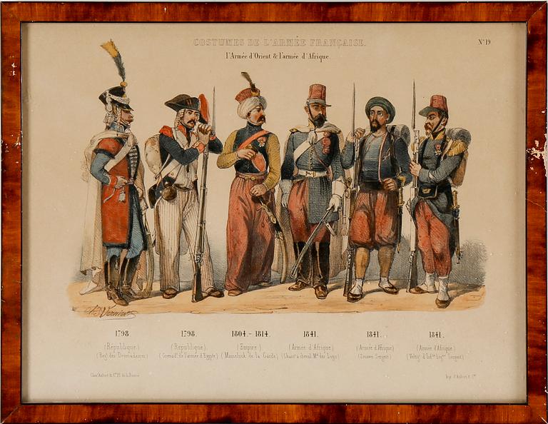 LITOGRAFISKA UNIFORMPLANSCHER, 8 st, Costumes de l'armée Française, 1800-talets slut.