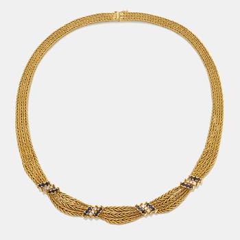 890. An 18K gold necklace set with eight-cut diamonds and sapphires.