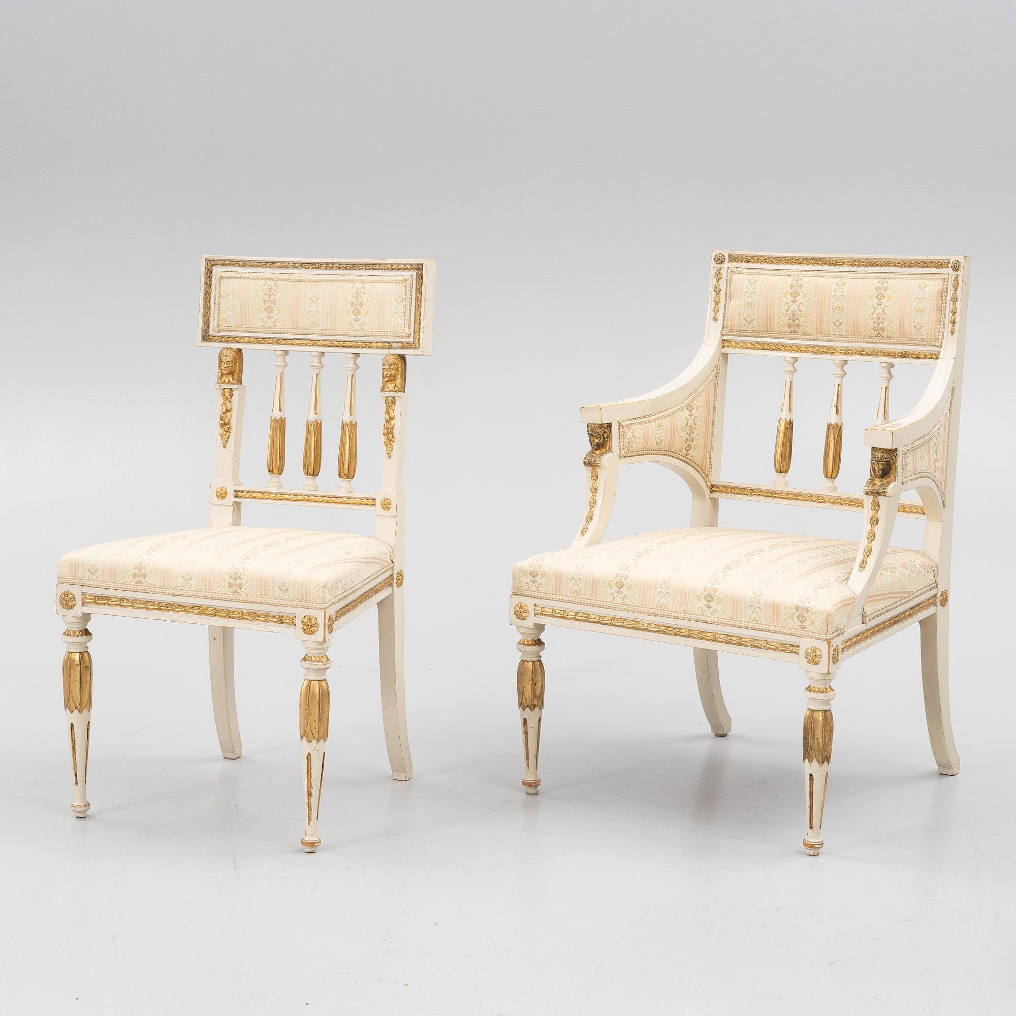 A pair of chairs and an armchair, late Gustavian style, early 20th century.