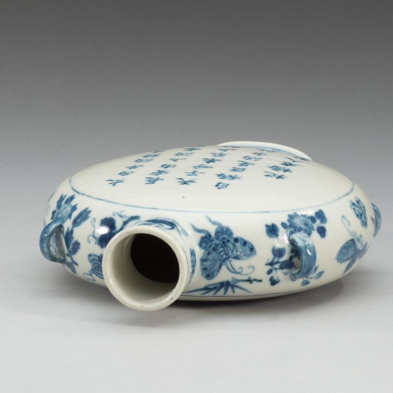 A blue and white moon flask, with a landscape and poem, Qing dynasty, 19th Century.