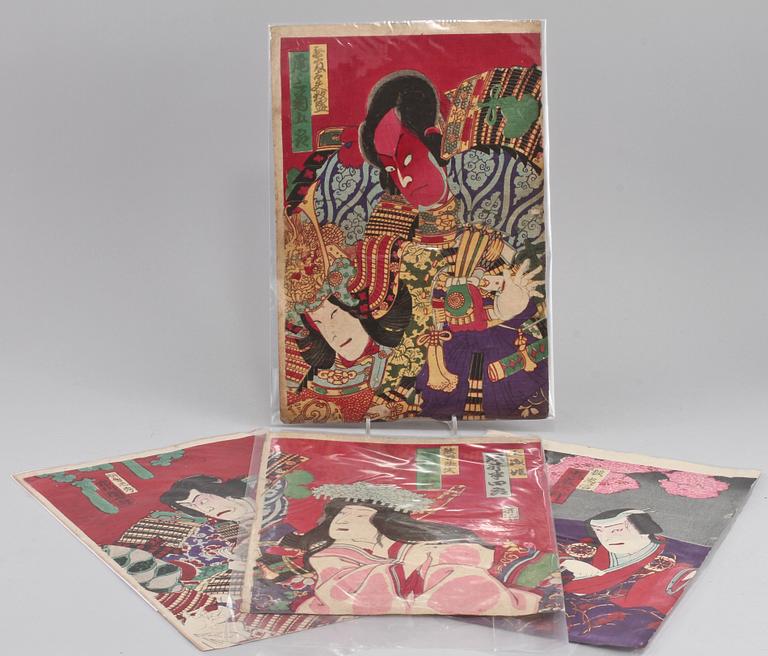 TRÄSNITT, 4 st, b la troligen Kunisada III, Japan, 1800/1900-tal.