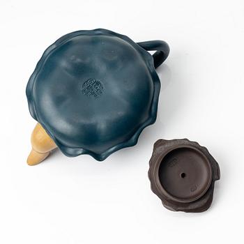 A poychrome yixing 'three legged toad' / 'Jin Chan' teapot, China, 1990s.