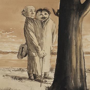 Axel Fridell, ”Två herrar vid stranden betraktar ekorre i träd” (Two men by the beach watching a squirrel in a tree).