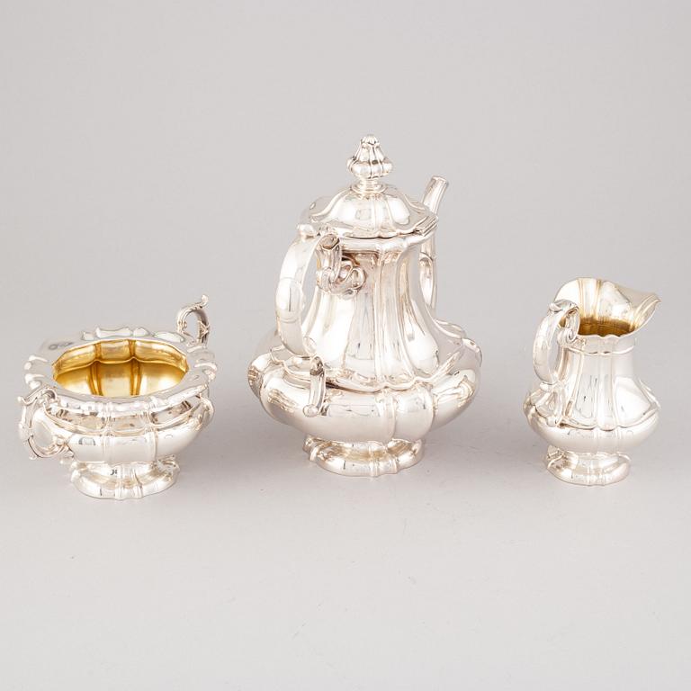 A three piee silver coffee set, Germany, presumably thr first half of the 20th century.