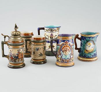 Three majolica jugs from Rörstrand and three majolica pitchers from late 19th century.