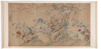 A Chinese scroll painting/wall paper-panel, ink and colour on paper, after Jiang Tingxi (1669-1732), Qing dynasty.