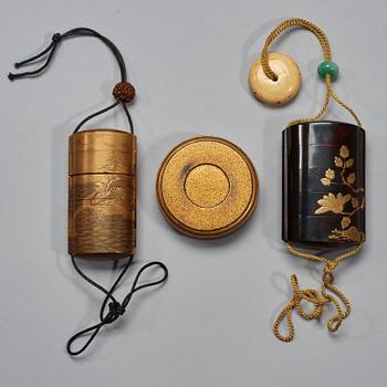 Two laquer inros and a box with cover, Meiji Restoration (1868-1912).