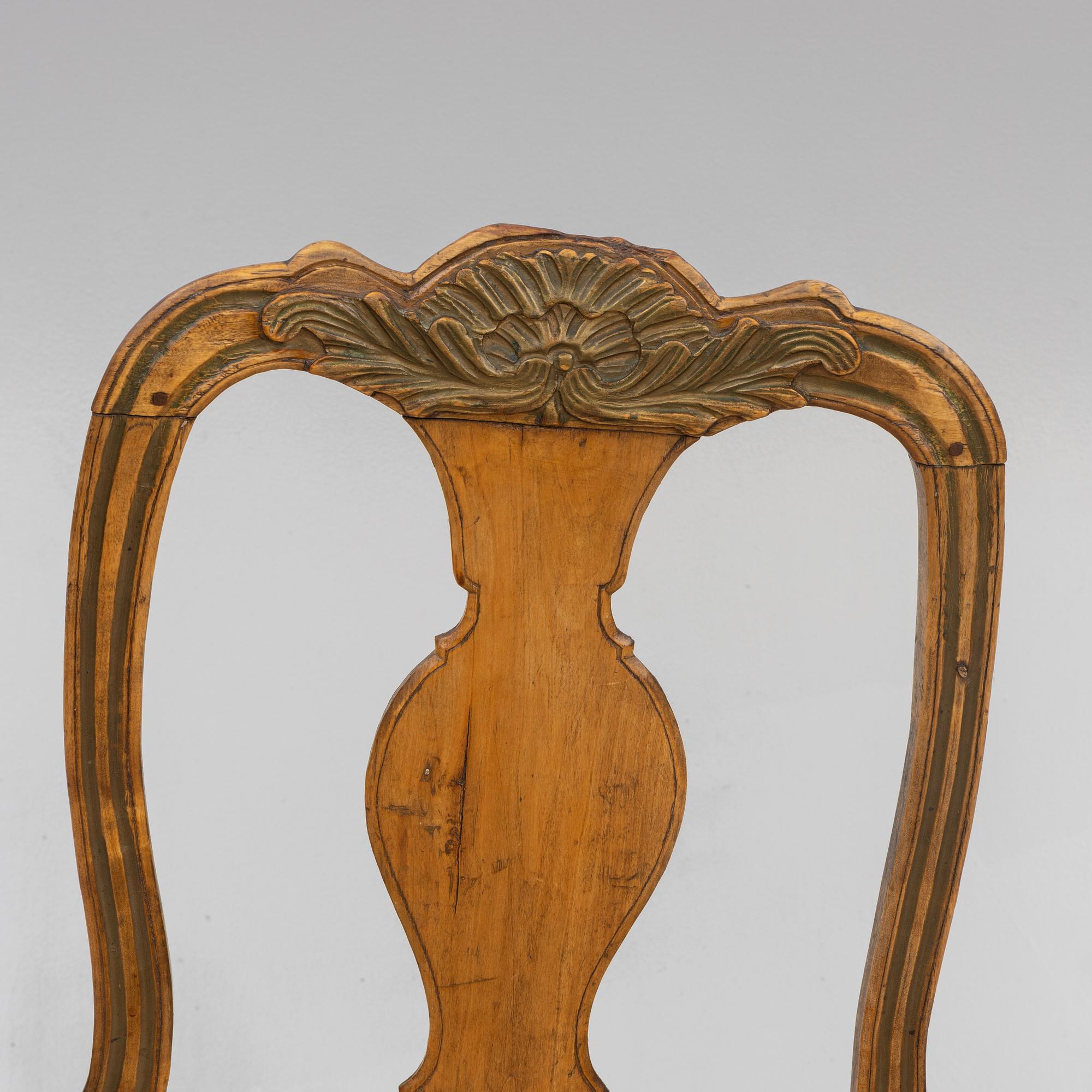 A set of six similar rococo chairs, 18th century.