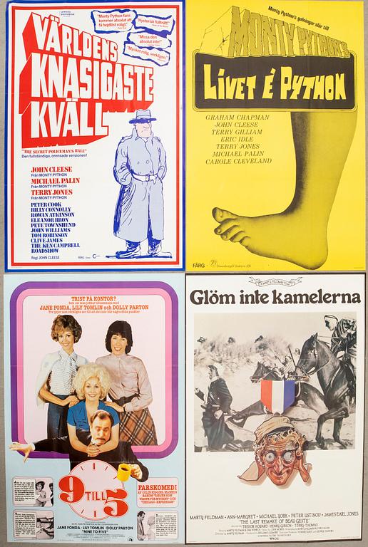 Filmaffischer 4 st "9 till 5", "Glöm inte kamelerna", "livet è pyton" och "Världens knasigaste kväll".