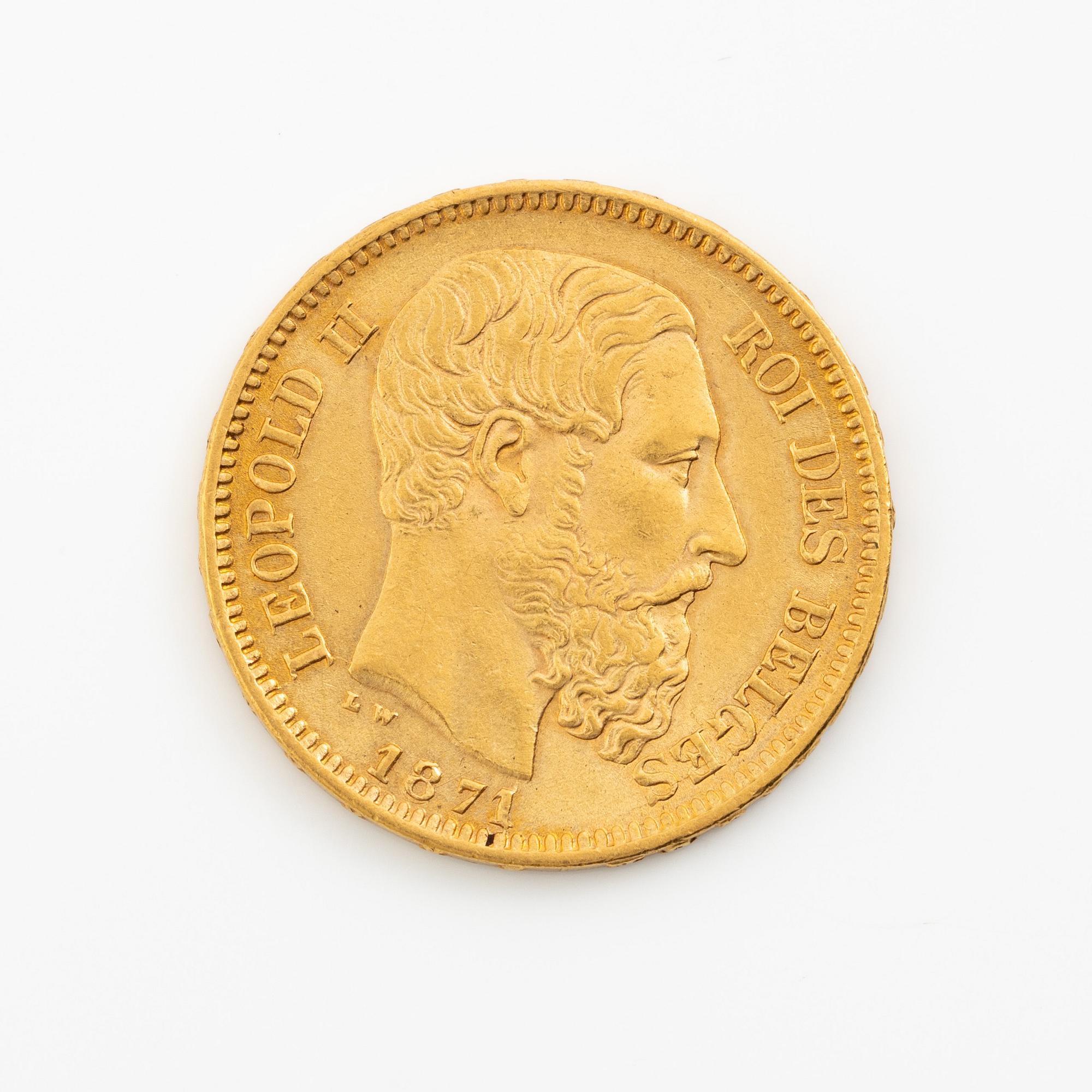 Gold coin, Belgium, Leopold II, 20 Franc, 1871.