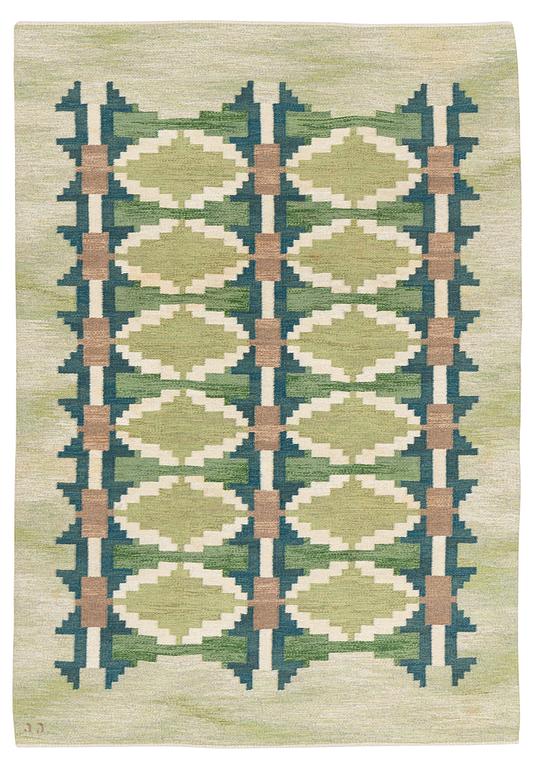 Judith Johansson, a carpet, 'Pergola', flat weave, approximately 245 x 172 cm, signed JJ.