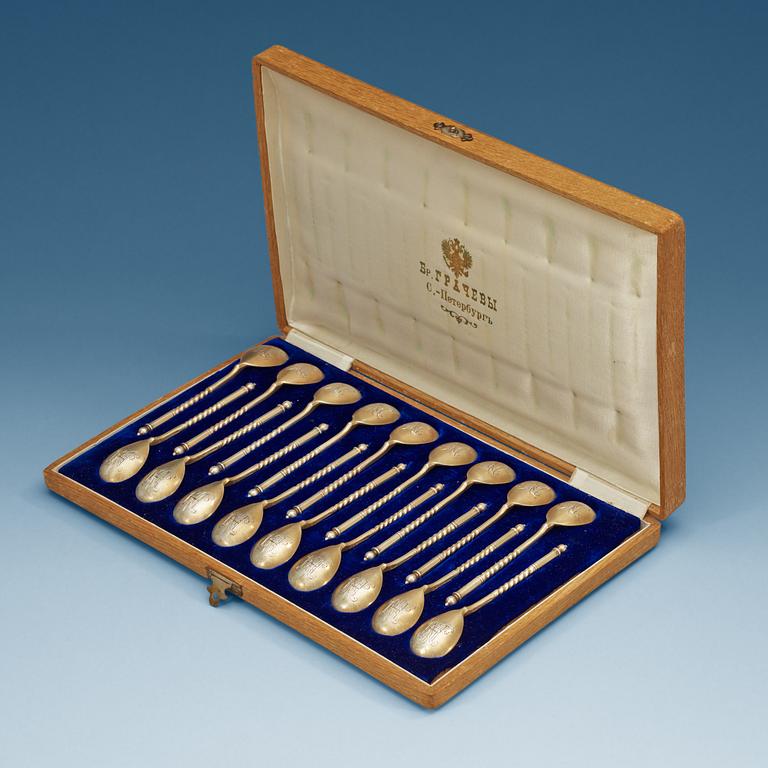 A set of 18 Russian 19th century silver-gilt coffee-spoons, makers mark of the firm Gratchev. Imperial Warrant.