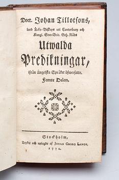 BÖCKER, 5 vol, "Doct. Johan Tillotsons Utwalda predikningar, ifrån ängelska...". Tyckt hos Johan Georg Lange. 1765-1770.