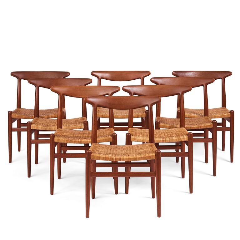 Hans J. Wegner, a set of eight teak chairs, model "W2", C.M. Madsen, Denmark 1950s.