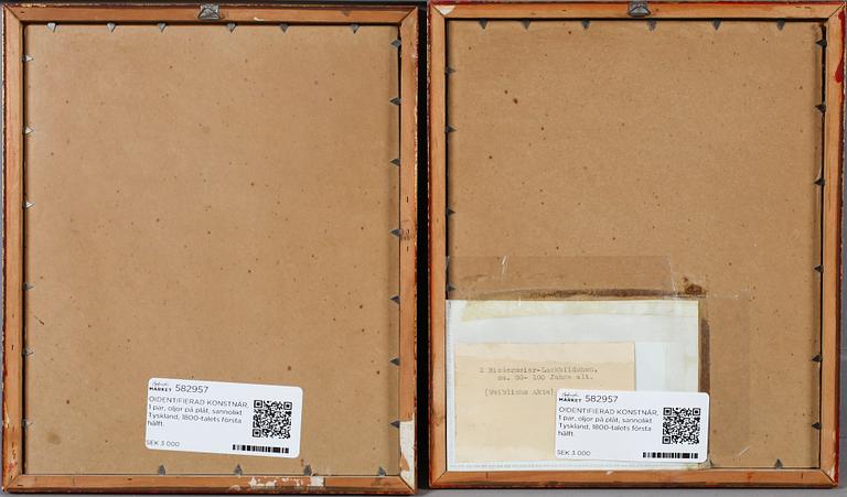 OIDENTIFIERAD KONSTNÄR, 1 par, oljor på plåt, sannolikt Tyskland, 1800-talets första hälft.