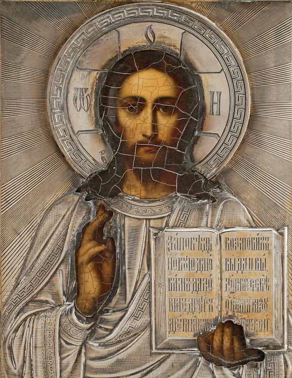 IKON, av Ivan Chlebnikov, Moskva 1908-1917. Hovleverantörsstämpel. Kristus Allhärskaren.
