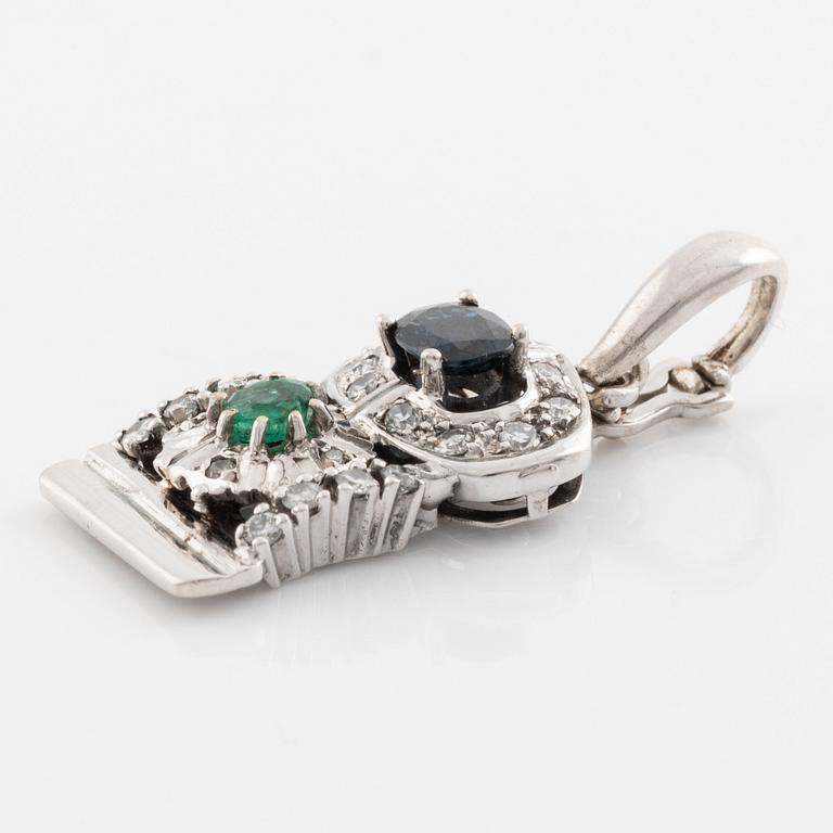 18K white gold, sapphire, emerald and diamond pendant.