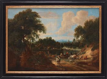 Gaspar de Witte Circle of, Extensive landscapes with figures beside a village, a pair.