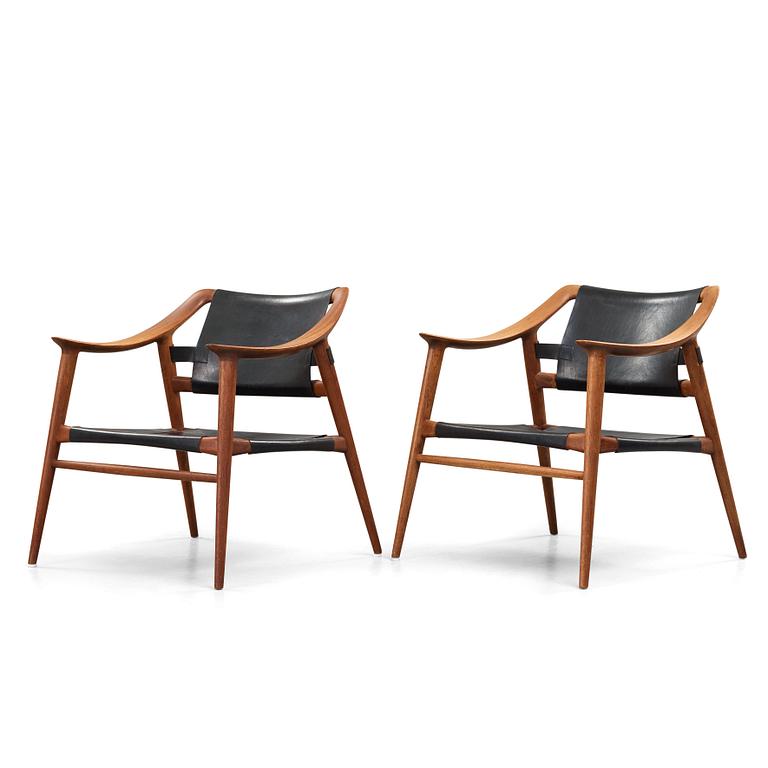 Adolf Relling & Sigurd Resell, a pair of teak and leather "56/2 Bambi-series armchairs, Norway 1950-60's,