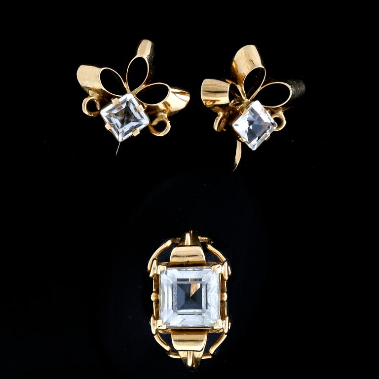 Ateljé Stigbert,ring and earrings, 18K gold and rockcrystal, Stockholm 1949.