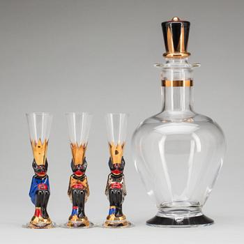 SNAPSGLAS OCH KARAFF, 3 st, glas, design Gunnar Cyrén, ur Nobelservisen. Orrefors.