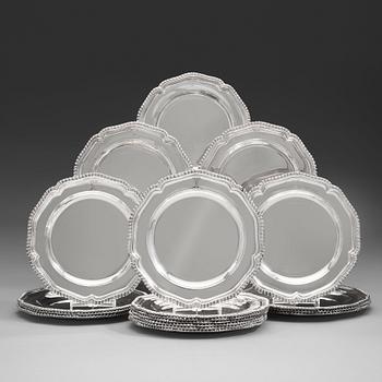 A set of 18 English silver plates, mark possibly of William Stroud, London 1808.