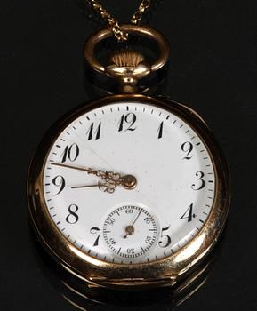 KLOCKA samt KLOCKKEDJA, guld, 14 k samt 18 k.