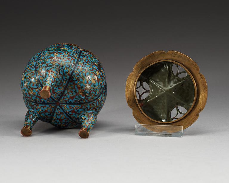 RÖKELSEKAR med LOCK, cloisonné. Qing dynastin, Jiaqing (1796-1820).