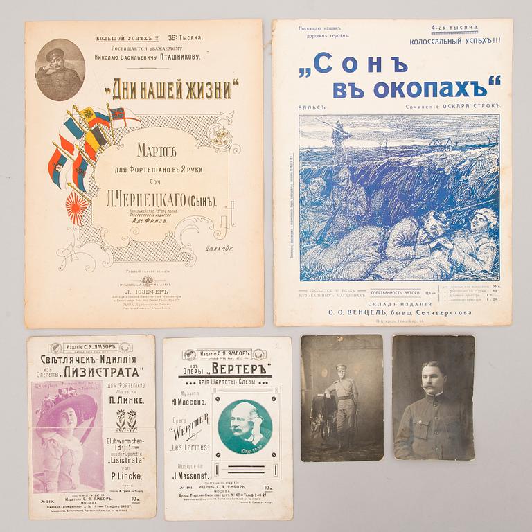 Set of two Russian photographs and four musical note books, 1910s.