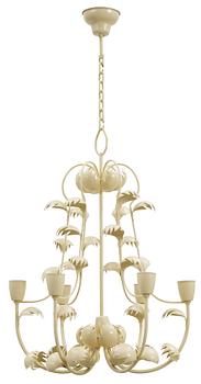 An white laqured brass ceiling lamp and a pair of wall lamps, by ateljé Lyktan, 1940's.