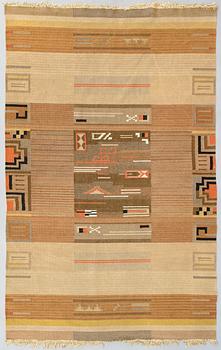 Impi Sotavalta, attributed, a 1930s Finnish flat weave carpet for Kodiksamin Mattokutomo.  Circa 295x190 cm.