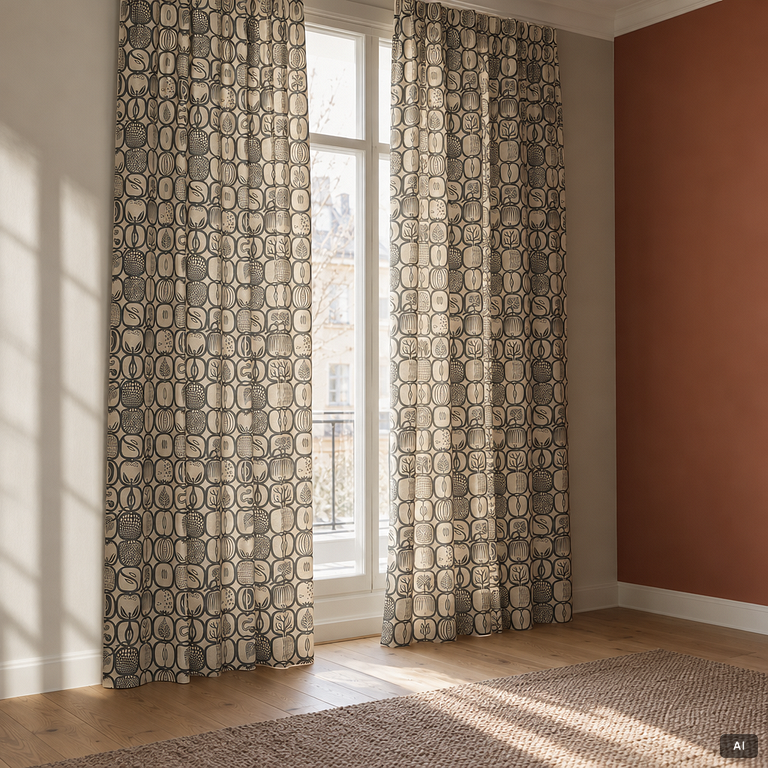 Stig Lindberg, Curtains, 6 lengths, in the “Fruktlåda” pattern.