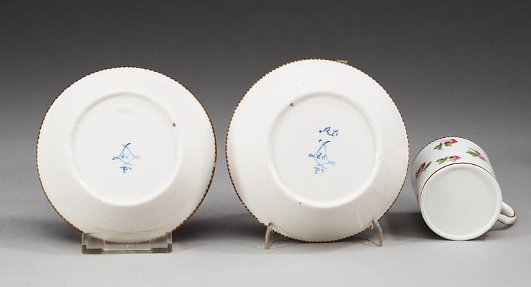 A pair of two French 'Sèvres' cups with saucers, marked with painter signature for Pierre Le Jeune, Jean Jacques.