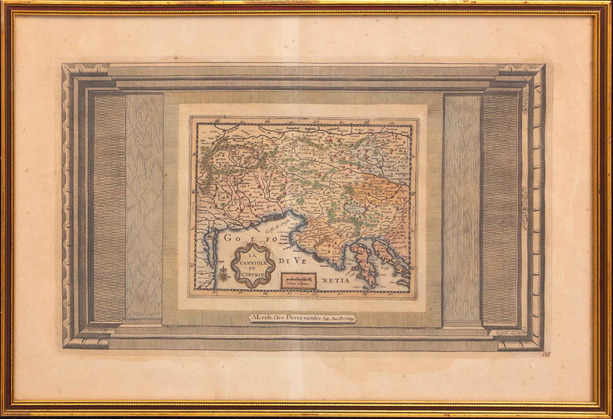 Pieter van der Aa, karta Venedigbukten, handkolorerat kopparstick, Leiden ca 1715.