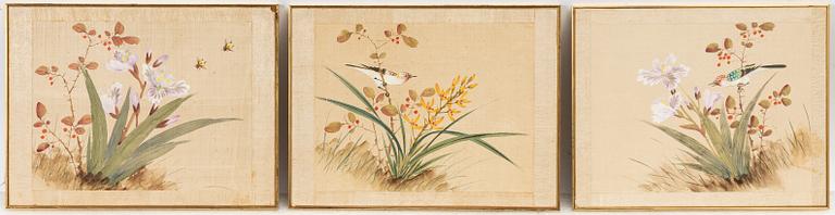 Three paintings on silk, China, mid-20th Century.