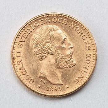 A gold coin, 10 swedish kronor, 1895, weight c 4,5 g.