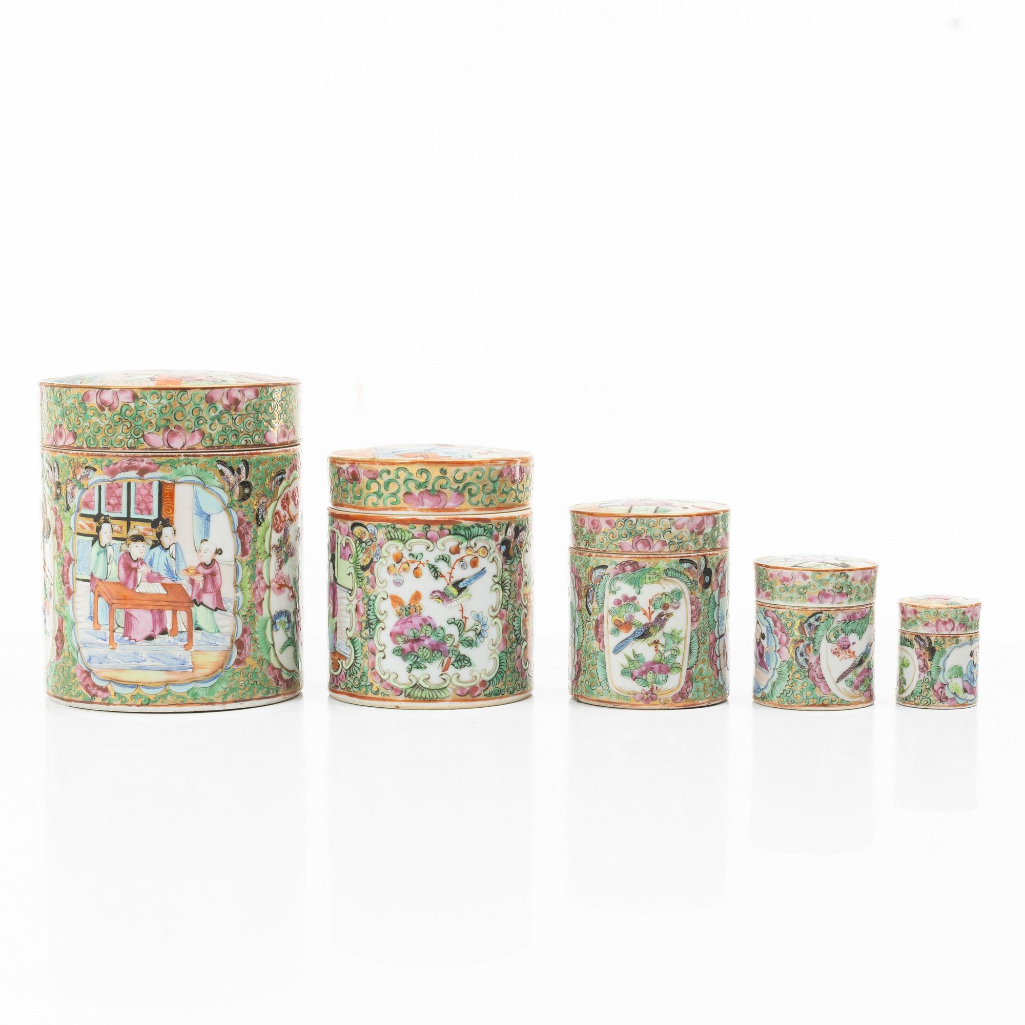 A five piece famille rose Canton box set, Qing dynasty, 19th century.