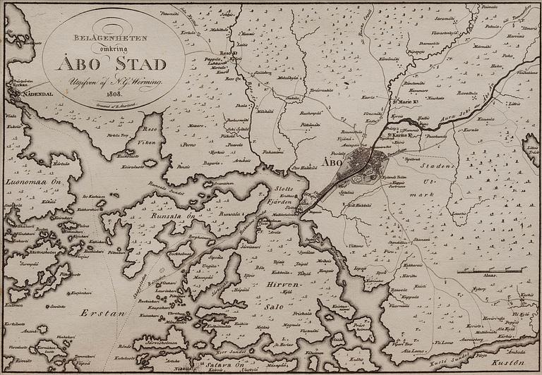 KARTA, Belägenheten omkring Åbo stad, utgiven av N.W.Werming 1808.