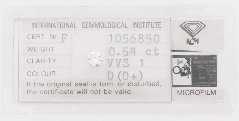 A DIAMOND, brilliant cut, D / VVS 1 0.54 ct.
