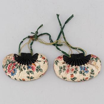 A pair of Japanese 'Geta' shows and two Chinese pouches, early 20th century.