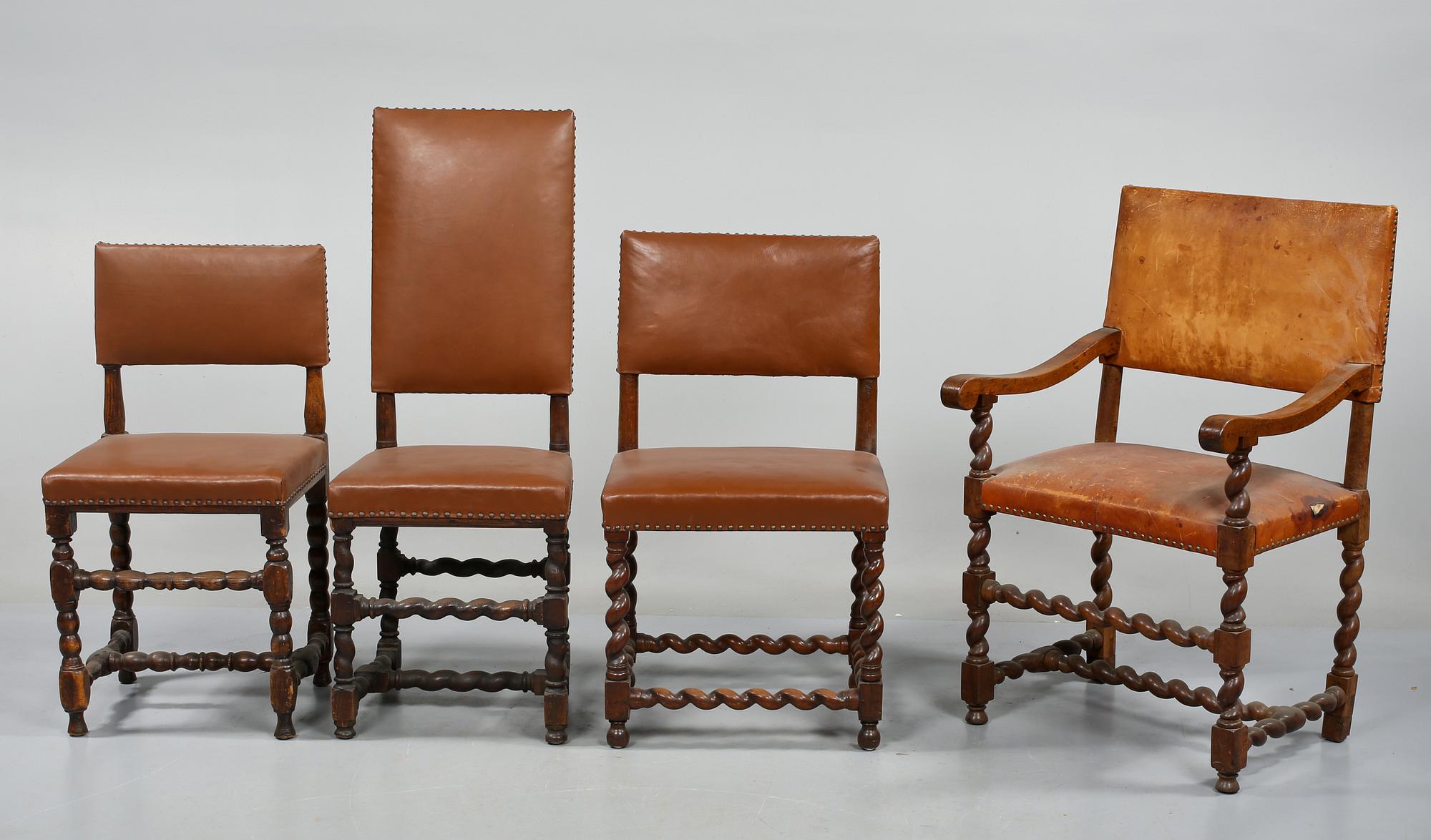 STOLAR 3 st, samt KARMSTOL, barock/barockstil, 1700-tal respektive 1800-tal.