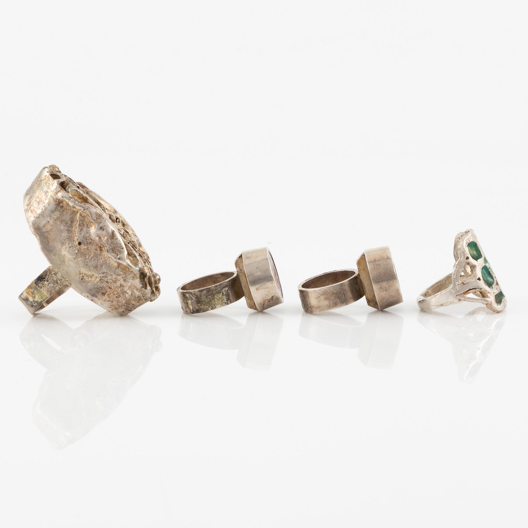 Lars Arby, four rings, sterling silver and enamel, Gothenburg 1966 and 1976.