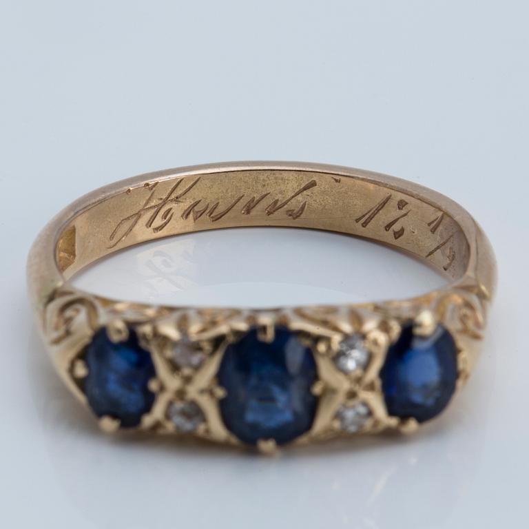 A sapphire and old-cut diamond ring, 1908.