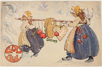 71. Aina Stenberg-Masolle, "God Jul", flickor som bär hem julmat (Merry Christmas, girls carrying home Christmas food).