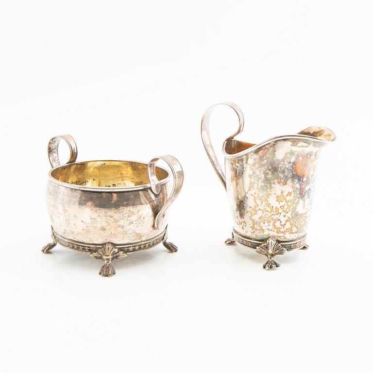 Cream jug and sugar bowl, Gustavian style silver Möllenborg Stockholm 1895 and 1918.