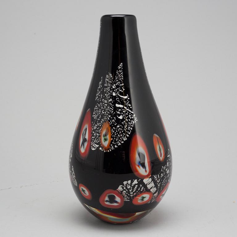 A black pear-shaped glass vase, possibly designed by Alfredo Barbini, Murano, Italy.