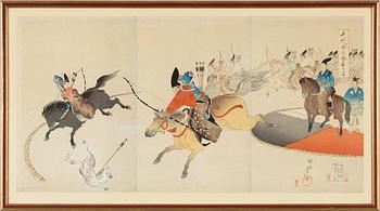 Yōshū (Hashimoto) Chikanobu, a colour woodblock print, triptych, Japan, around 1900.