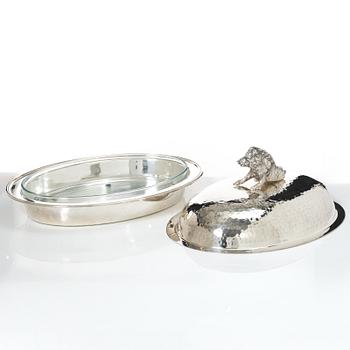 Covered bowl, silver plate, with glass insert, 20th century.